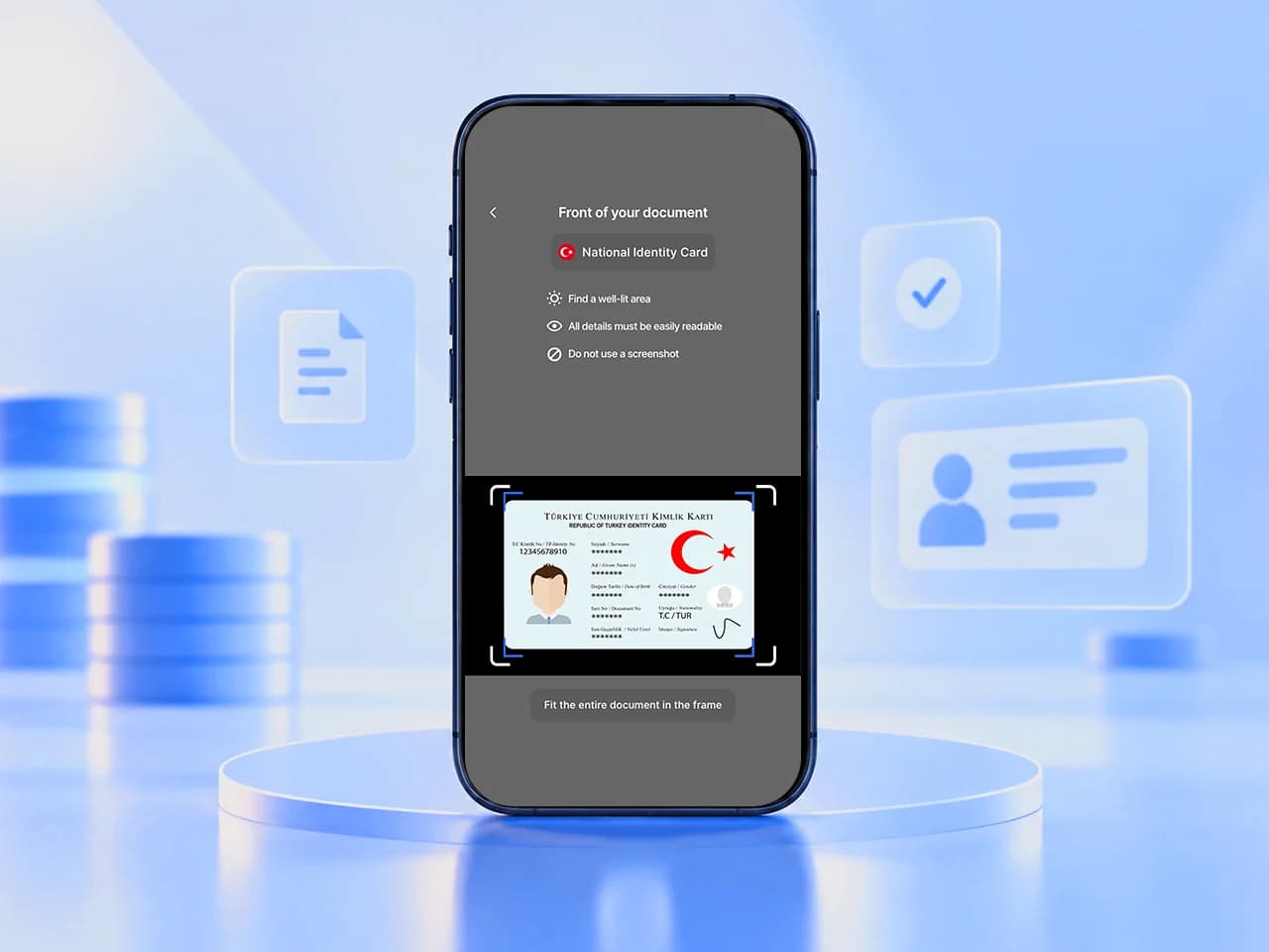 App screen showing a national ID card inside the scan frame